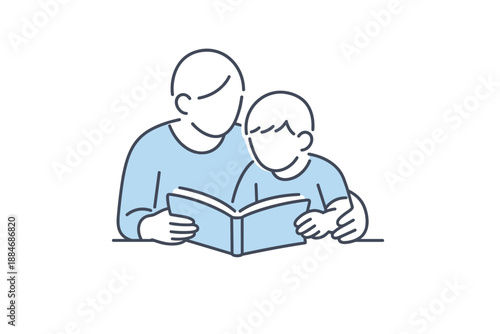 Bedtime Story Moments. Parent and child sit close together turning pages of a bedtime book Minimalist flat line vector