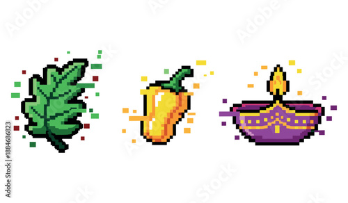 Pixel art icons: leaf, chilli pepper, and diya candle illustration