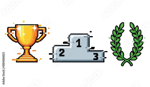 Pixel art trophy, podium, and laurel wreath icons for achievements
