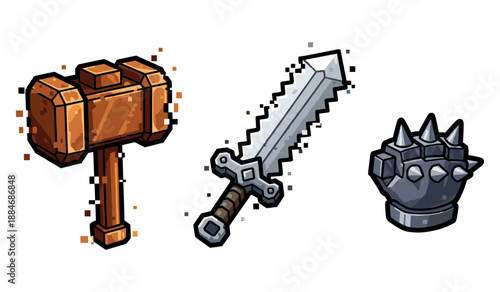 Pixel art medieval weapons collection: hammer, sword, spiked gauntlet