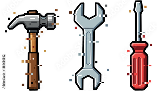 Colorful pixelated tools: hammer, wrench, and screwdriver art