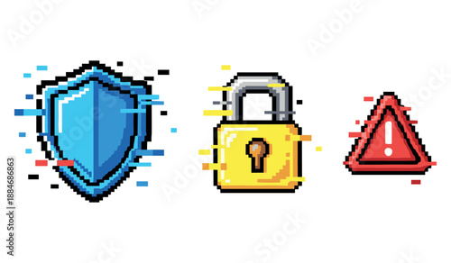 Pixel art icons of blue shield yellow lock red alert triangle