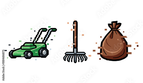 Garden tools: lawn mower, rake, and leaf bag illustration