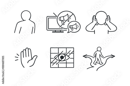 Shielding From Negativity. Line style vector icons of avoiding negative political information: turning-away figure, muted media