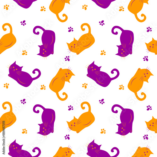 Seamless pattern with cute cats and colorful paw prints.