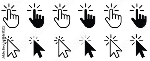 Hand cursor and click icon set, isolated vector illustration featuring pointer and clicking symbols, ideal for website UI, mobile apps, digital design