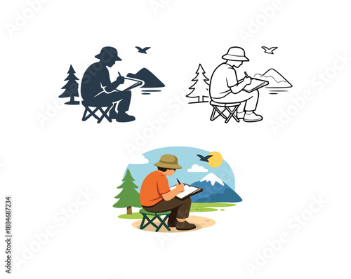 creative solitude person sketching outside small stool peaceful creation