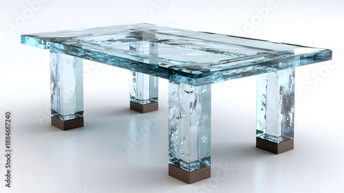 Contemporary Aqua Glass Table with Unique Frozen Water Texture and Minimalist Wood Bases