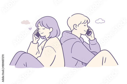 Serene Phone Conversation. A pair of people communicating by phone in a quiet moment, flat modern illustration of two figures
