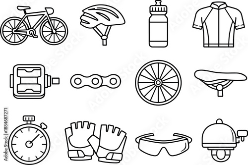 Image Generation. Line style of Cycling event vector icons: bicycle, helmet, water bottle, jersey; pedal, chain, wheel, saddle;