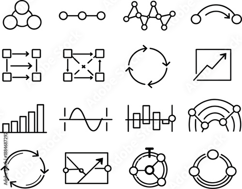 Image Generation. Line style vector icons of molecular aroma motifs: loop node, loop node, interval line, pulse mesh, transition