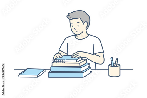 Organized Desk Setup. Man places books and notebooks neatly on a desk while organizing work area Minimalist flat line vector