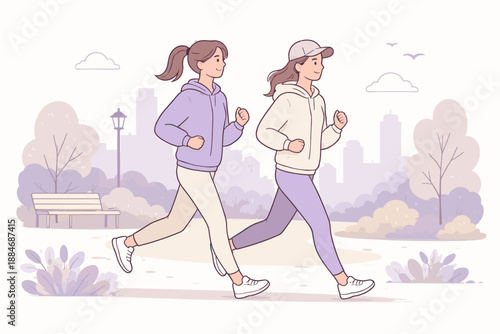 City Park Joggers. Friends jogging side by side in a city park as part of daily life, flat modern illustration of two figures in