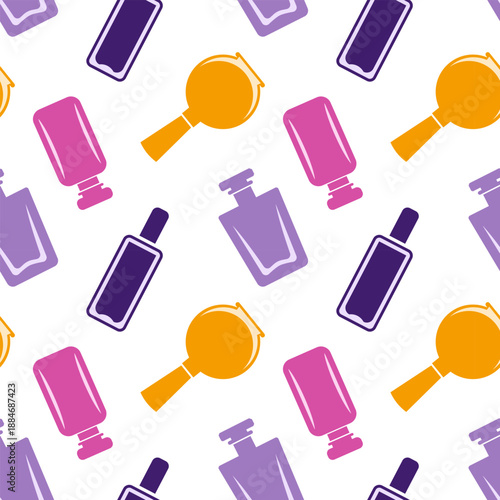 Seamless pattern of multicolored perfume bottles