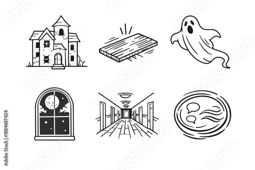 Urban Ghost Icons. Line style icons of urban ghost-legend basics: old building outline, creaking floorboard tile, drifting spirit