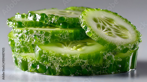 Crisp Cucumber Stack: Dewy Green Slices Adorned with Sparkling Water Bubbles, Close-up