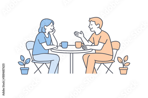 Casual Cafe Chat. Two friends talk together at an outdoor cafe table, enjoying a quiet conversation in fresh air, minimalist flat