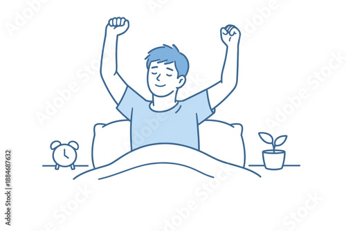 Morning Stretch Illustration. A man performs gentle morning stretches, raising his arms and waking up slowly, minimalist flat line