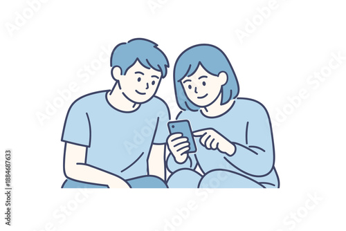Friends' Phone Moment. Two friends sit side by side scrolling through a phone together with relaxed focus Minimalist flat line
