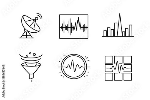 Detection and Analysis Icons. Line style icons of detection and analysis: radio dish outline, spectrogram tile, anomaly spike bar,