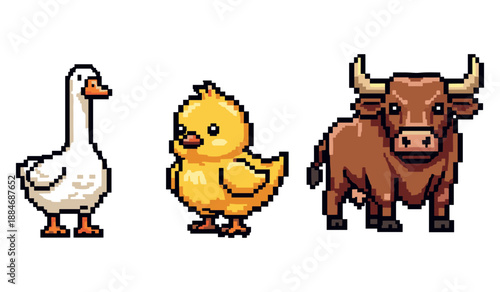 Cute pixel art animals: goose, chick, and bull in a row