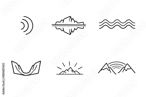 Mountain Echo Icons. Line style icons of mountain echo basics: sound-wave arc, cliff reflection line, repeated wave sequence,