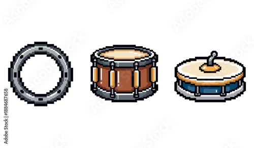 Pixel art drum set: snare, bass, and cymbal illustrations