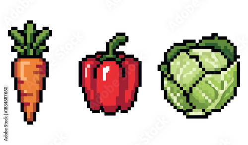 Pixel art vegetables: carrot, red bell pepper, and cabbage on white background
