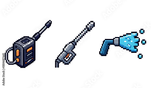 Pixel art high-pressure washer tools with spray effects