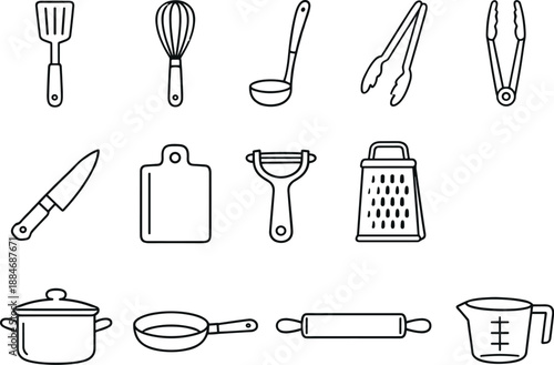 Image Generation. Line style vector icons of Kitchen tools: spatula, whisk, ladle, tongs; knife, cutting board, peeler, grater;
