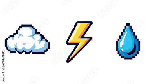 Pixel art weather symbols: cloud, lightning bolt, and raindrop