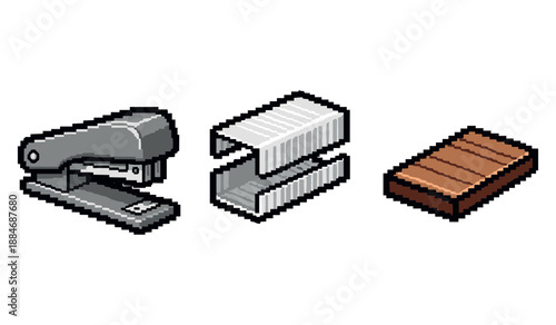 Pixel art stapler set with staples and chocolate bar on white background