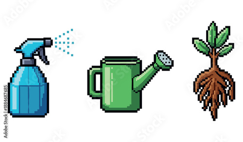 Pixel art gardening tools and plant growth illustration