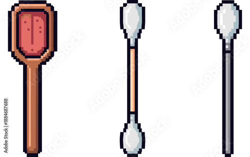 Pixel art kitchen utensils set: spatula, spoon, and ladle illustration