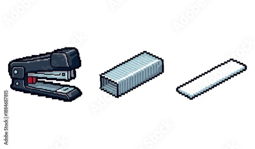 Pixel art of black stapler with staples and paper clip on white background