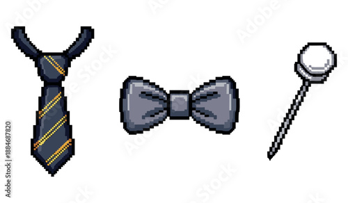 Pixel art accessories: necktie, bow tie, and tie pin in retro style