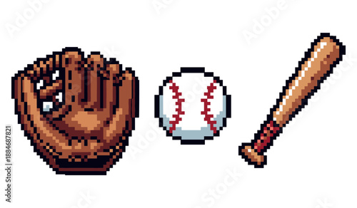Pixel art baseball set: glove, ball, and bat