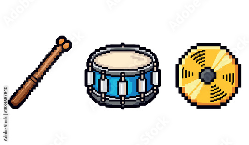 Pixel art drum set: sticks, snare, and cymbal in classic 8-bit style