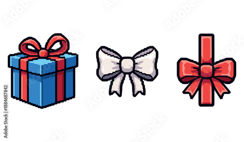 Pixel art gift box and bows with red and blue ribbon details