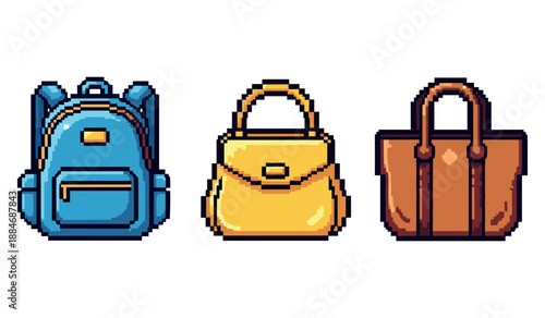 Pixel art backpacks and handbags in blue, yellow, and brown