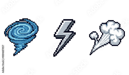 Pixel art icons: tornado, lightning bolt, and cloud