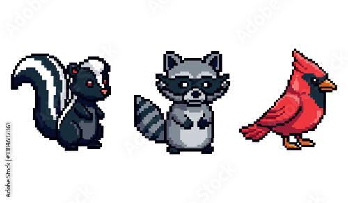 Pixel art trio: skunk, raccoon, and cardinal characters