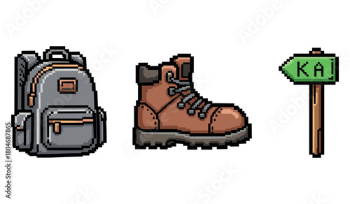 Pixel art backpack, hiking boot, and sign for adventure journey