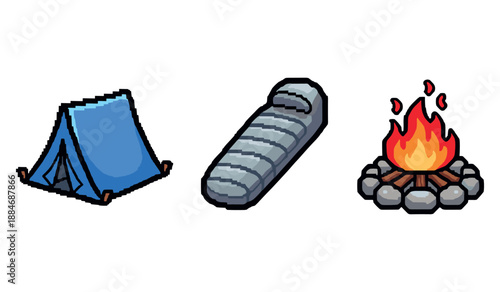 Camping essentials: blue tent, sleeping bag, campfire icons for outdoor adventure