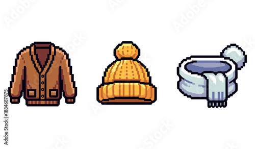 Pixel art winter clothing: brown jacket, yellow beanie, white scarf