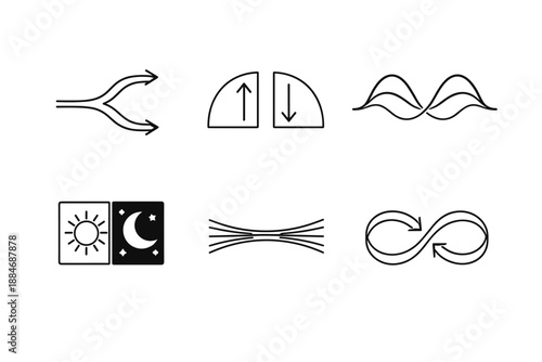 Narrative Bifurcation Icons. Line style vector icons of narrative bifurcation: forked-story outline, polar angle markers,