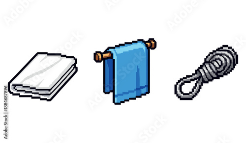 Pixel art household items: folded towel, hanging towel, coiled rope on white background