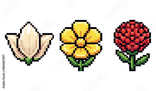 Pixel art flowers: white lily, yellow blossom, and red rose trio