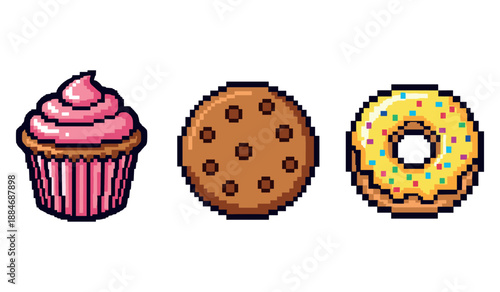 Pixel art cupcake cookie donut: colorful 8-bit dessert icons