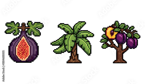 Pixel art fruit trees: fig, banana, and plum illustrations